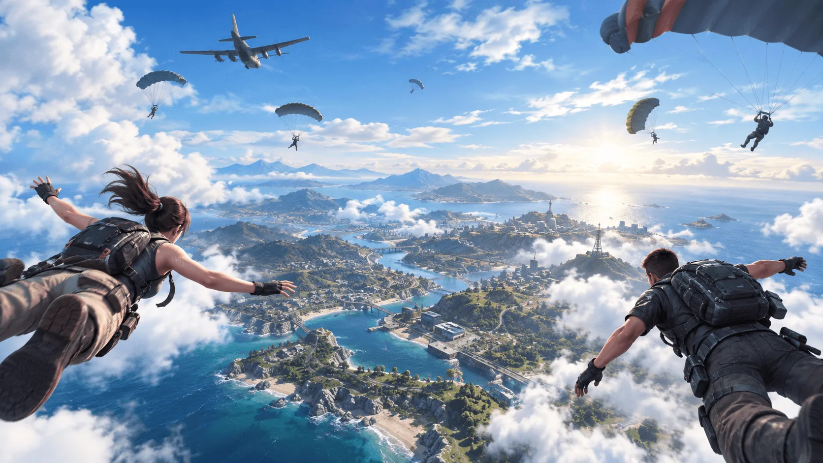 ROS Legacy project artwork: players parachuting over the island